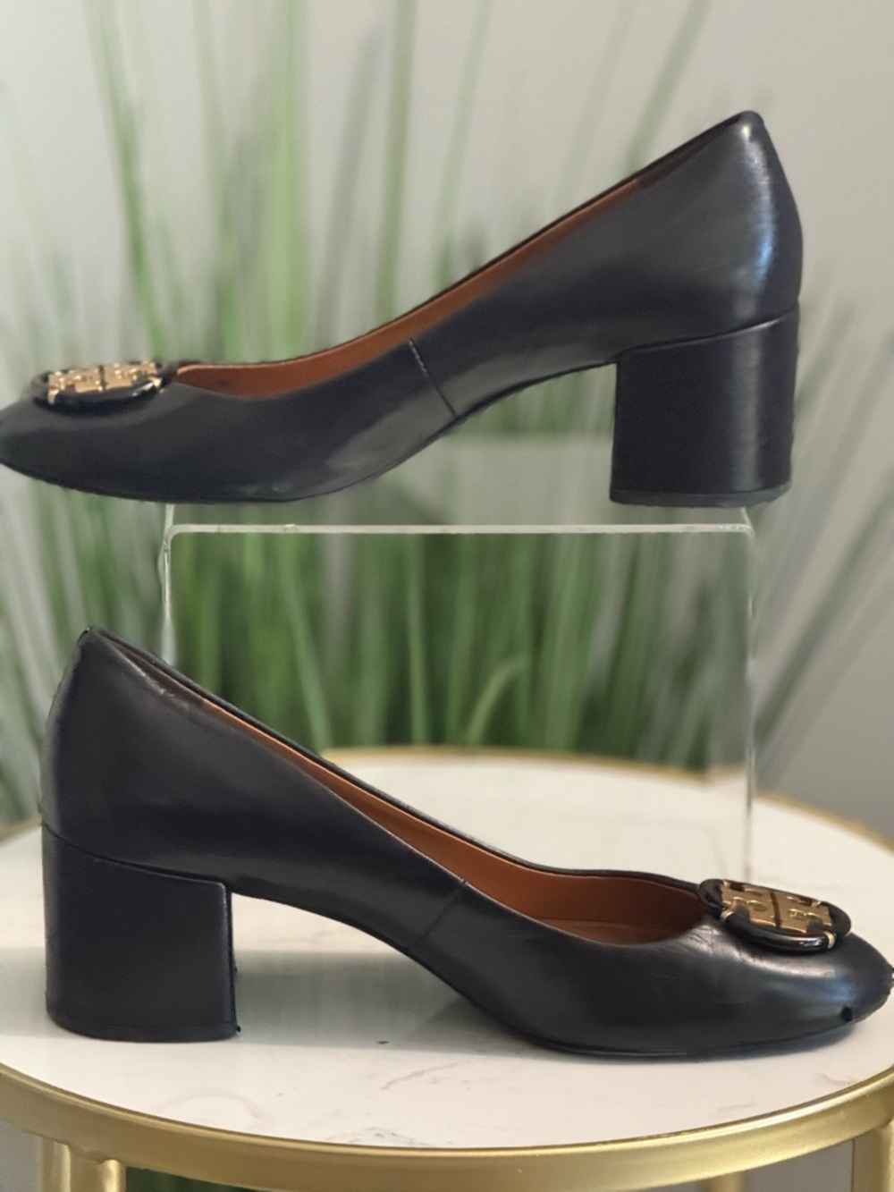 Tory Burch Black Women's Block Heel Leather Pumps with Gold Accent